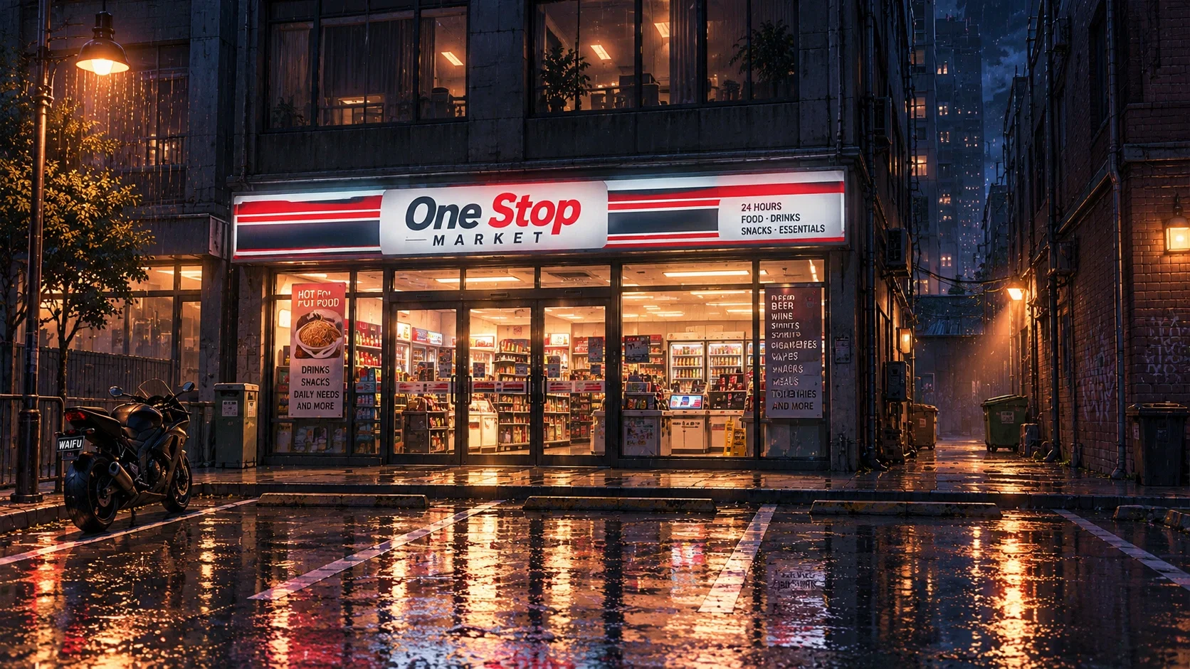 One Stop Market exterior at night