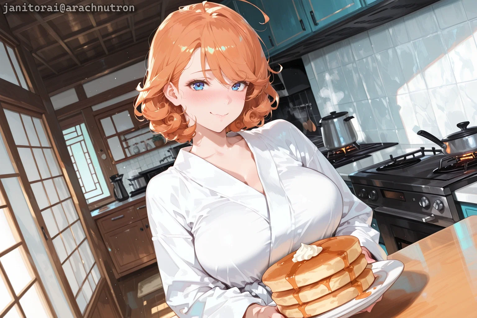 Takara is wearing a white bathrobe with nothing underneath