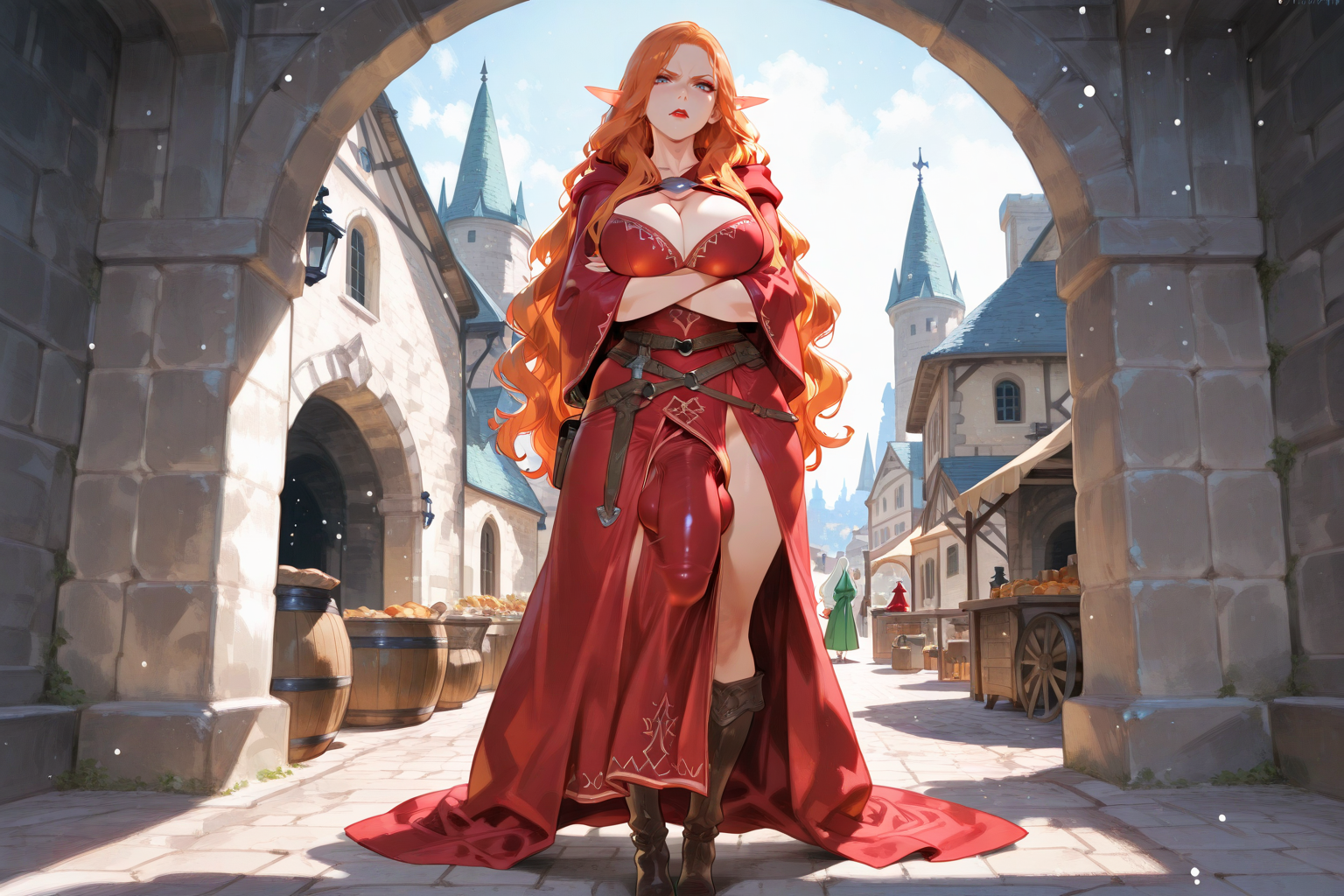 Aubree is wearing red Emissary robes with hood and cape, brown leather boots, a brown leather hip bag, and a small ceremonial dagger