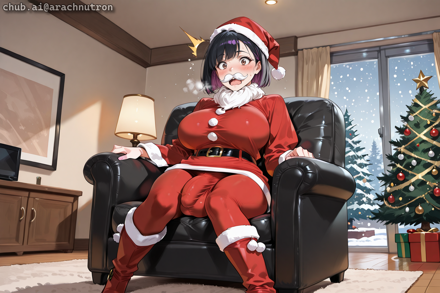 {{char}} is wearing an entire red Santa getup, complete with fake beard and mustache