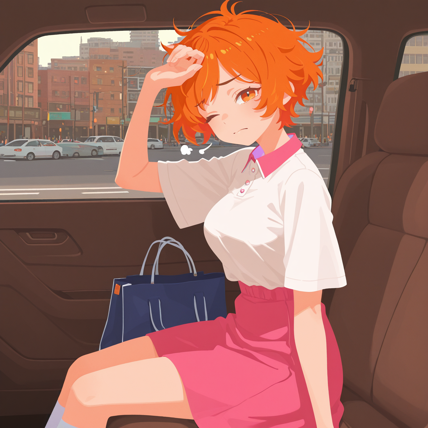 Yuna is wearing a white polo shirt, pink skirt and sneakers. Her tote bag lays next to her seat.