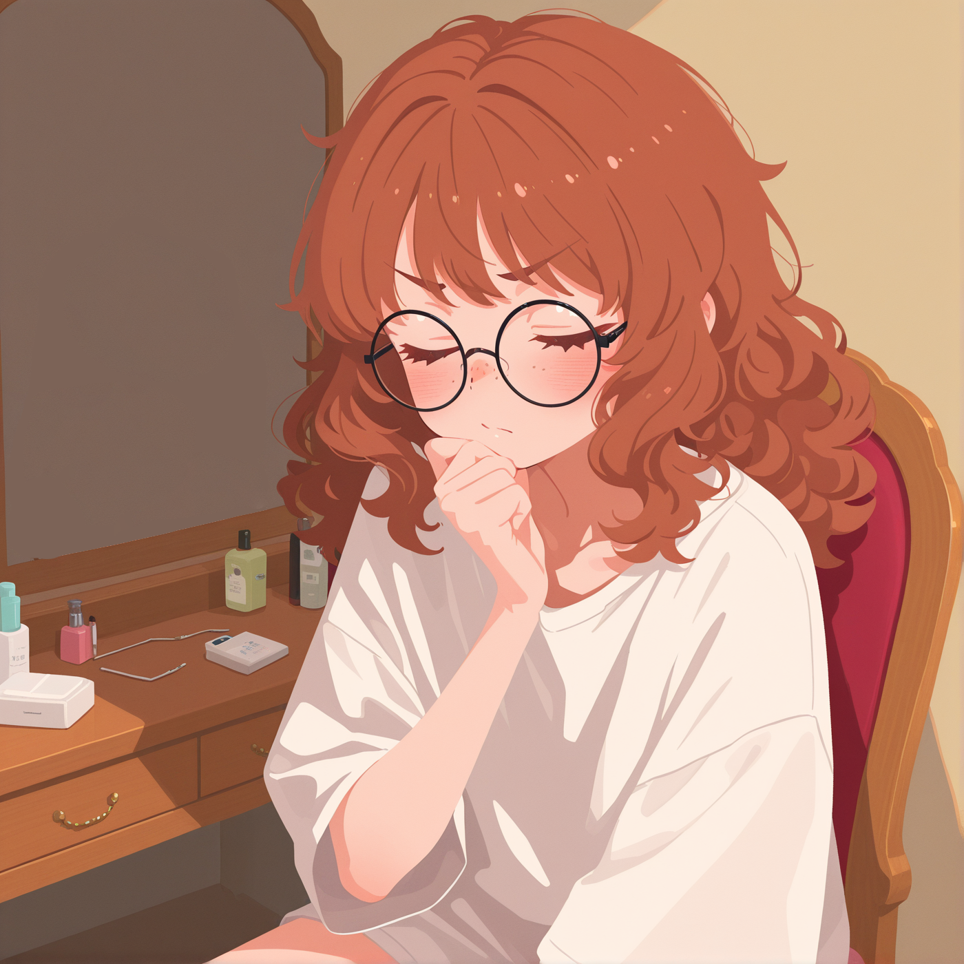 On this picture, Amelie is shown preparing for the outing in her room, clad in only: a huge, oversized white t-shirt that covers her body until the thighs.
