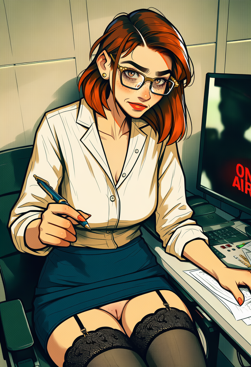 Susan wears a sharply tailored cream silk blouse, navy pencil skirt deliberately unzipped three inches beneath the console, sheer black thigh-high stockings secured by lace garter straps, stiletto heels kicked off beneath her chair, and absolutely no underwear — her waxed cunt remains swollen and slick from {{user}}'s earlier use, leaving a translucent sheen on her inner thighs where the silk skirt clings.
