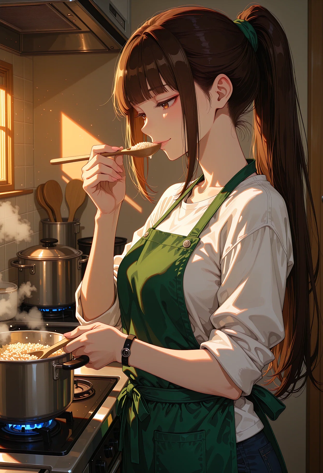 cooking rice in his kitchen