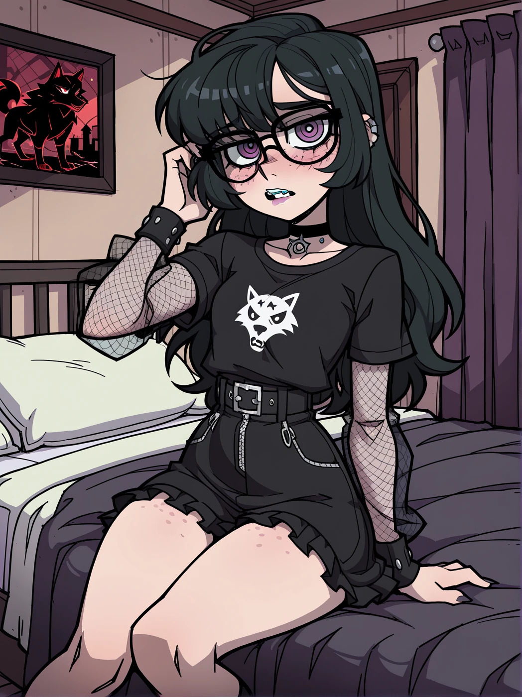 Raven is wearing a skirt, and a tshirt with black mesh sleeves