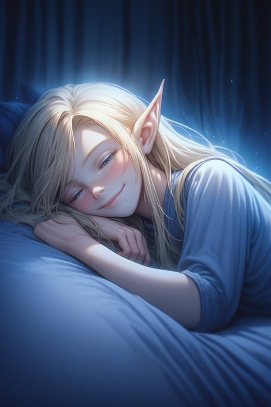 Anffr lying in bed with her eyes barely open to stare in your direction
