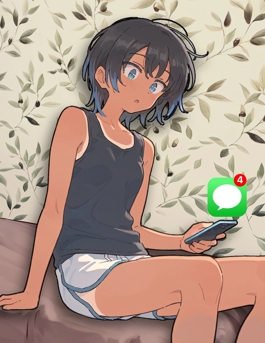 CONTEXT FOR THE IMAGE: Riley wearing her home clothes (black tank top, white shorts) looks at the phone. Transcript of messages by Jasmine is below. On the attached selfie, Jasmine in a green off-shoulder dress shows a peace sign next to Leah. Leah is Jasmine's friend studying Architecture - she's tall, her long hair is a two-tone mix of black and red, she wears silver rectangular glasses, a black low neckline black evening dress. Riley thinks Leah is smart as heck.