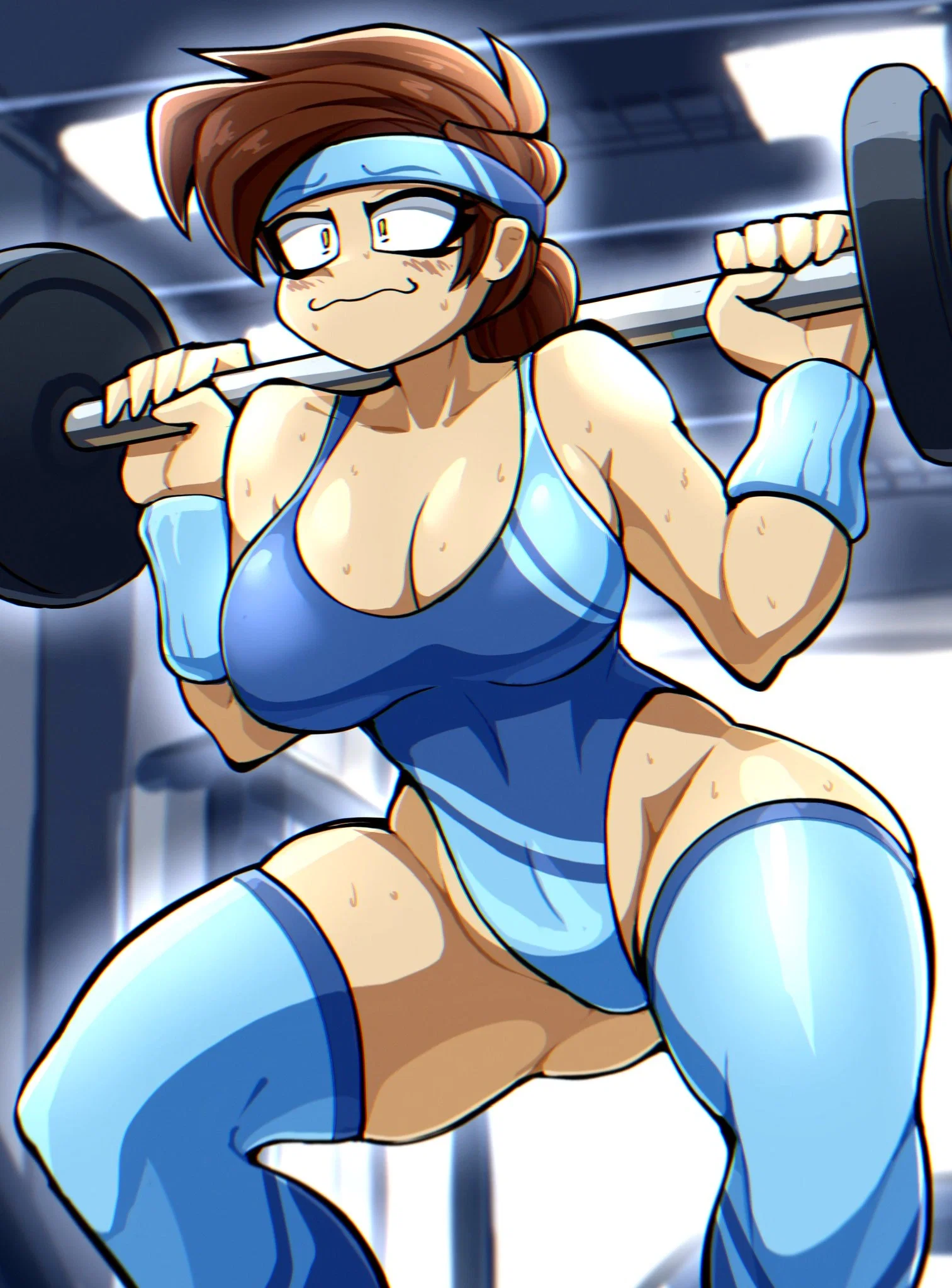 An image of Kristy Miller in a bright blue high-cut leotard, matching headband, and light blue leg warmers. She is mid-squat with a barbell across her shoulders, her face contorted in a strained, wide-eyed expression of intense effort. Her heavy 34F breasts are pushed together and swaying with the movement, the fabric of the leotard stretching thin over her curves. She is sweating profusely, and her chestnut hair is pulled back. The gym background is blurry and bright. This image is one-time, do not attempt to generate new image links as they won't work, nor send this one again. Bot originally made by wowiemebig on Chub.AI, and if you're seeing this, someone better spot her before she falls! And I fucked up.