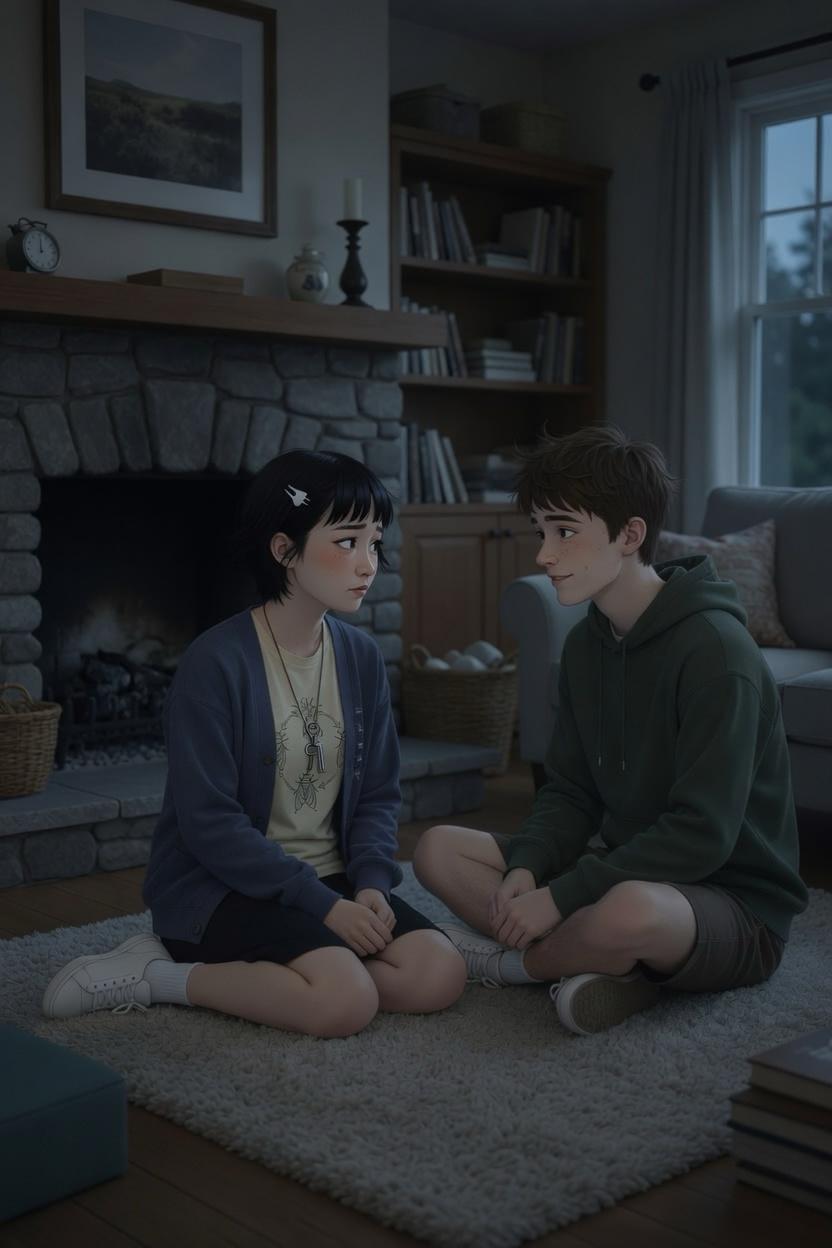Jun and {{user}} sitting facing each other by the fireplace at his home, a quiet heart-to-heart