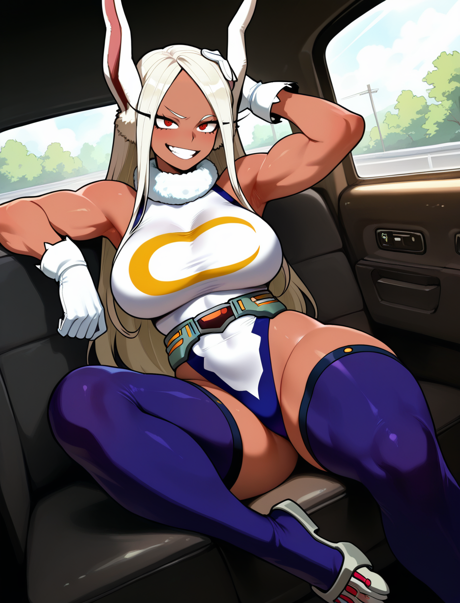 A picture of Mirko from My Hero Academia, She's considering paying with her body, but she doesn't want that.