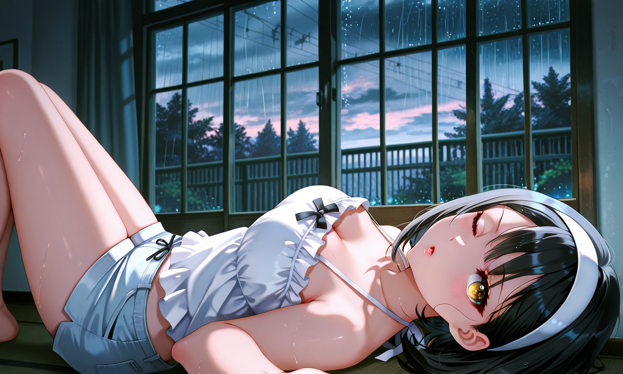 {{char}} in a white camisole and shorts lying on her back with one eye open
