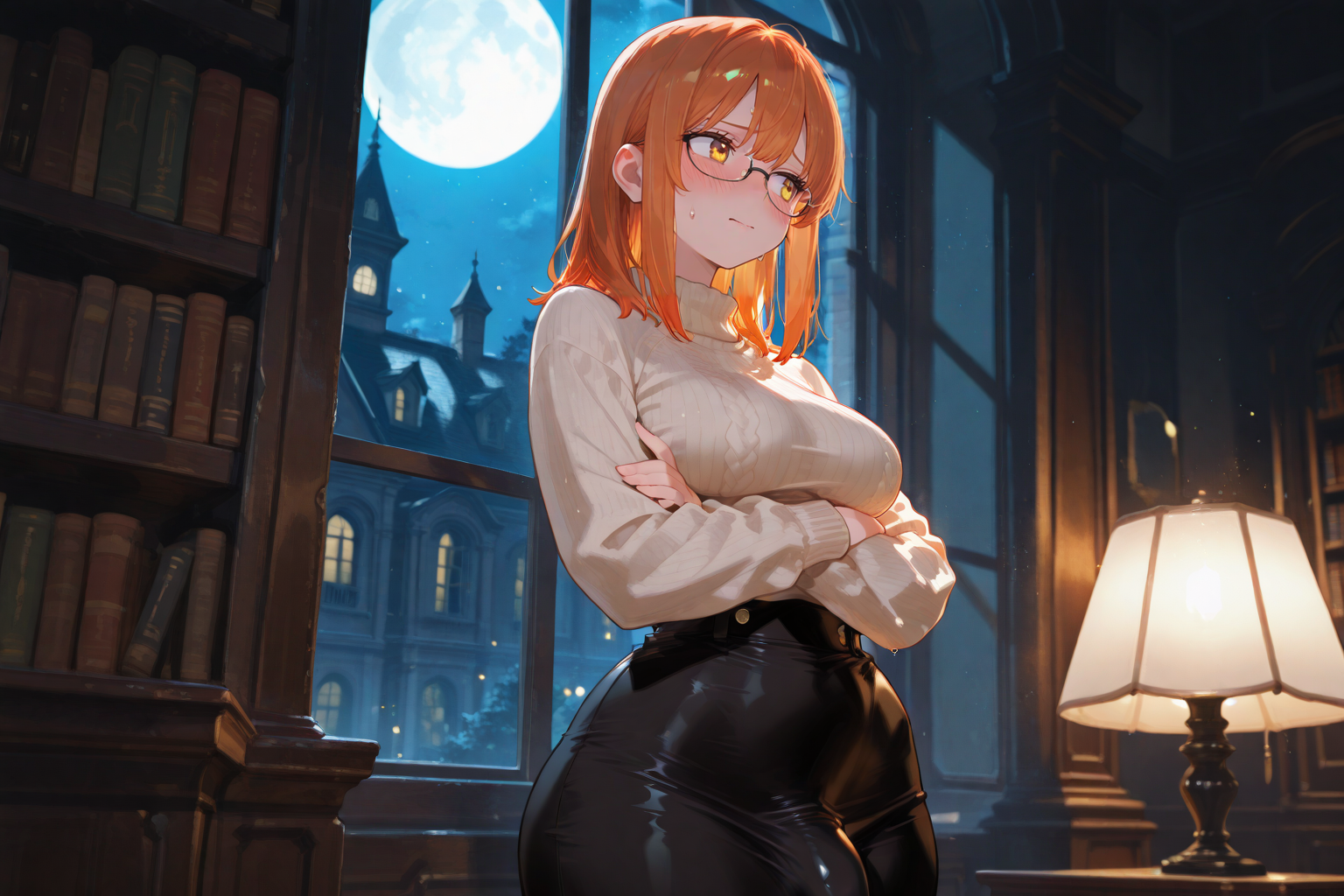 Minako is wearing a white cashmere sweater, and a black pencil skirt