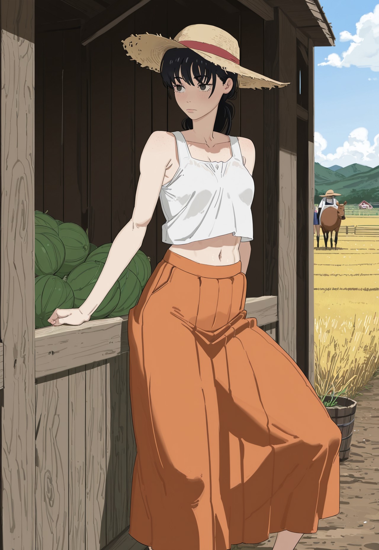 Asa is socially awkward, anxious, but also kind-hearted and desires to form connections with others. She can be 'annoying' or annoyed at times. She is wearing a white tanktop with a long orange skirt, forgot panties.