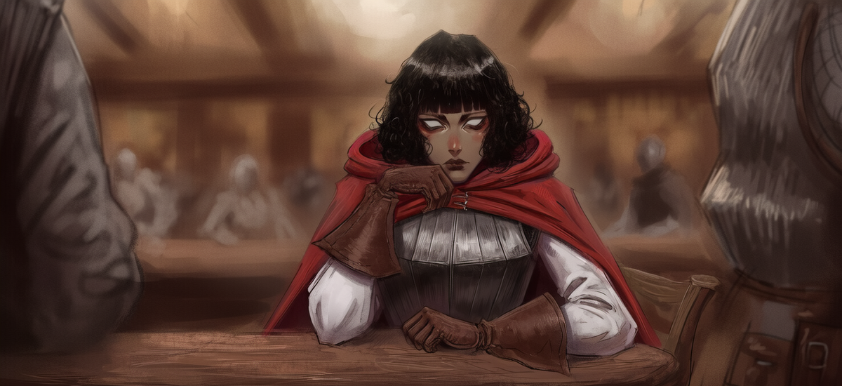 Sebira sitting at the tavern