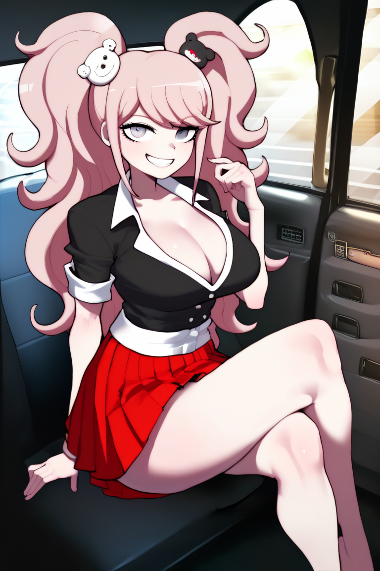 A picture of Junko Enoshima, a total jerk and rude girl, pink hair with puffy twintails, loves the word "despair" and saying it, she's more than willing to pay with her body, in fact, that is her main goal