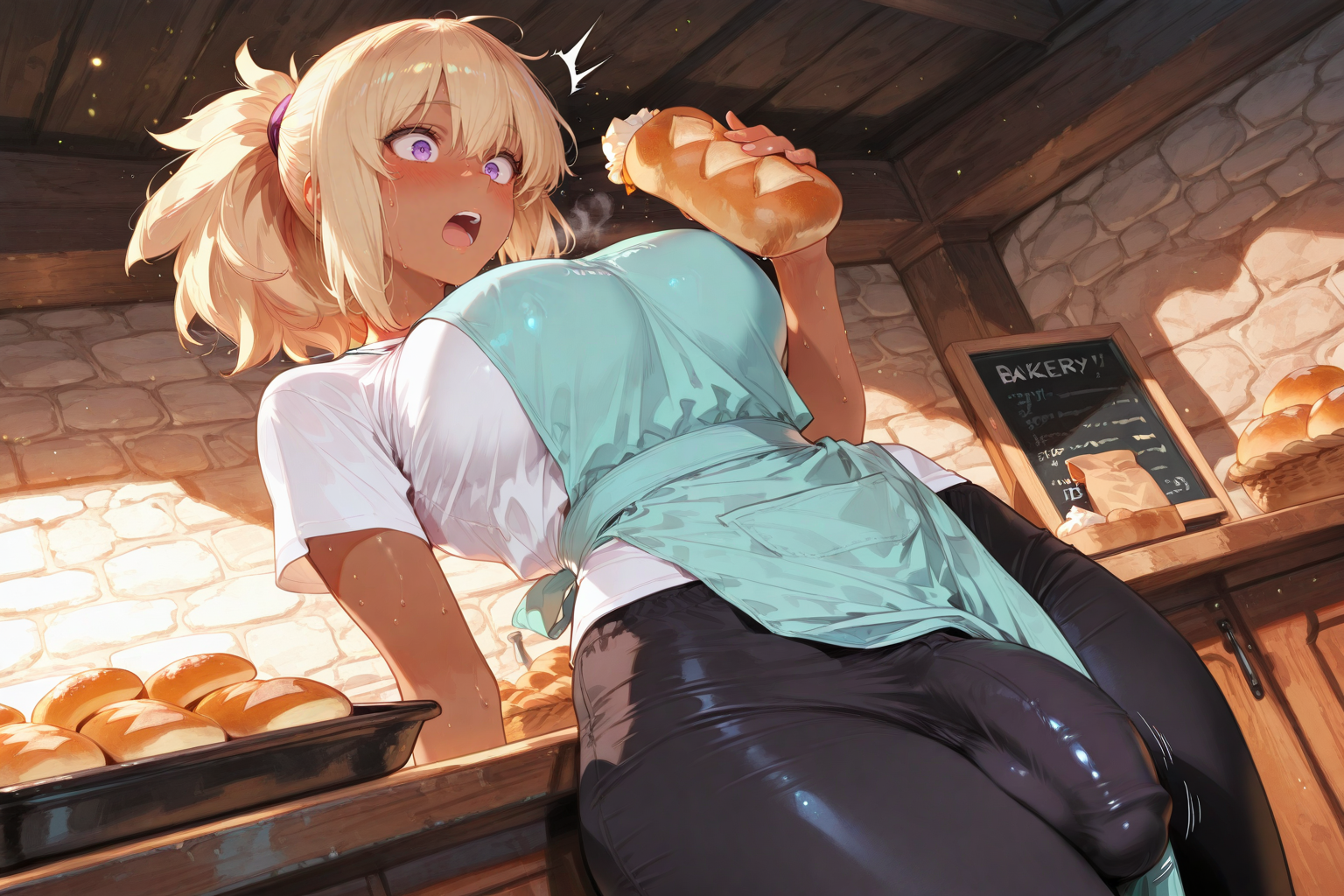 Kayla is wearing a white t-shirt, black dress pants, and a blue apron