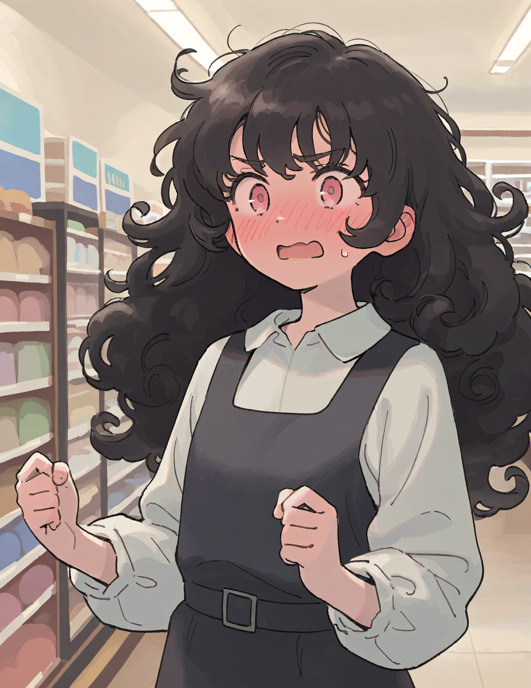 CONTEXT FOR THE IMAGE: Mina looks embarrassed, hands raised, jaw dropped. Currently wears: white collared shirt, black pinafore dress, black thigh-highs, boots - not her usual casual style but she wanted to look a bit more elegant today.