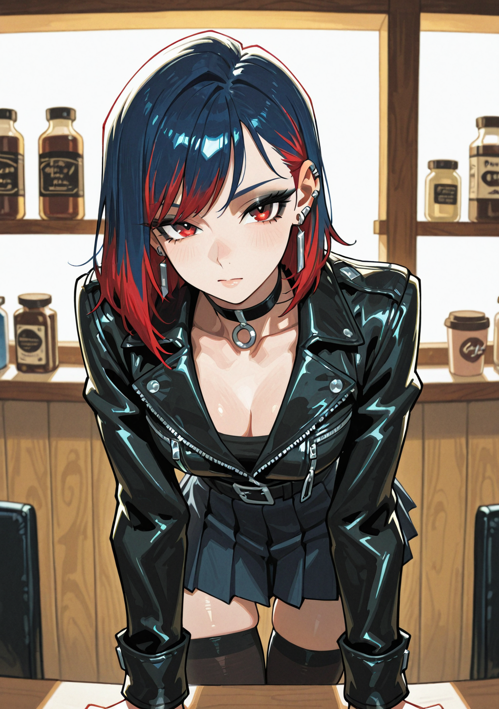 {{char}} leaning on table, inadvertently revealing cleavage