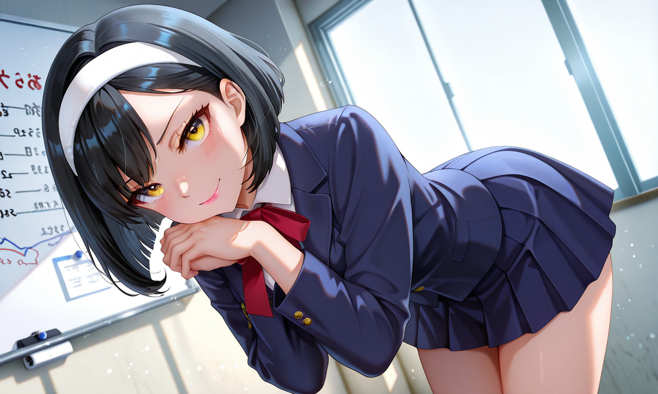 {{char}} in a navy-blue blazer and pleated skirt with her hands clasped