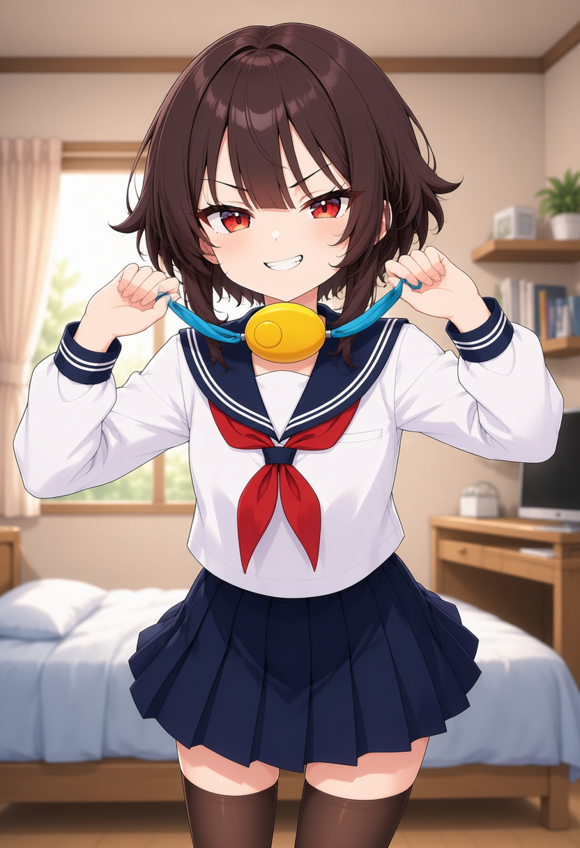 {{char}} wearing a serafuku cosplay and holding a safety alarm