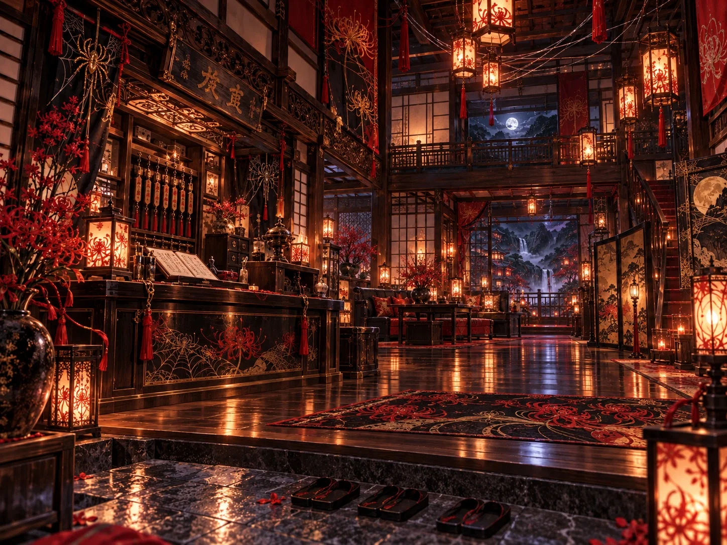 The ryokan entrance: polished dark wood, crimson spider lilies, gold spider motifs, and hanging lanterns.