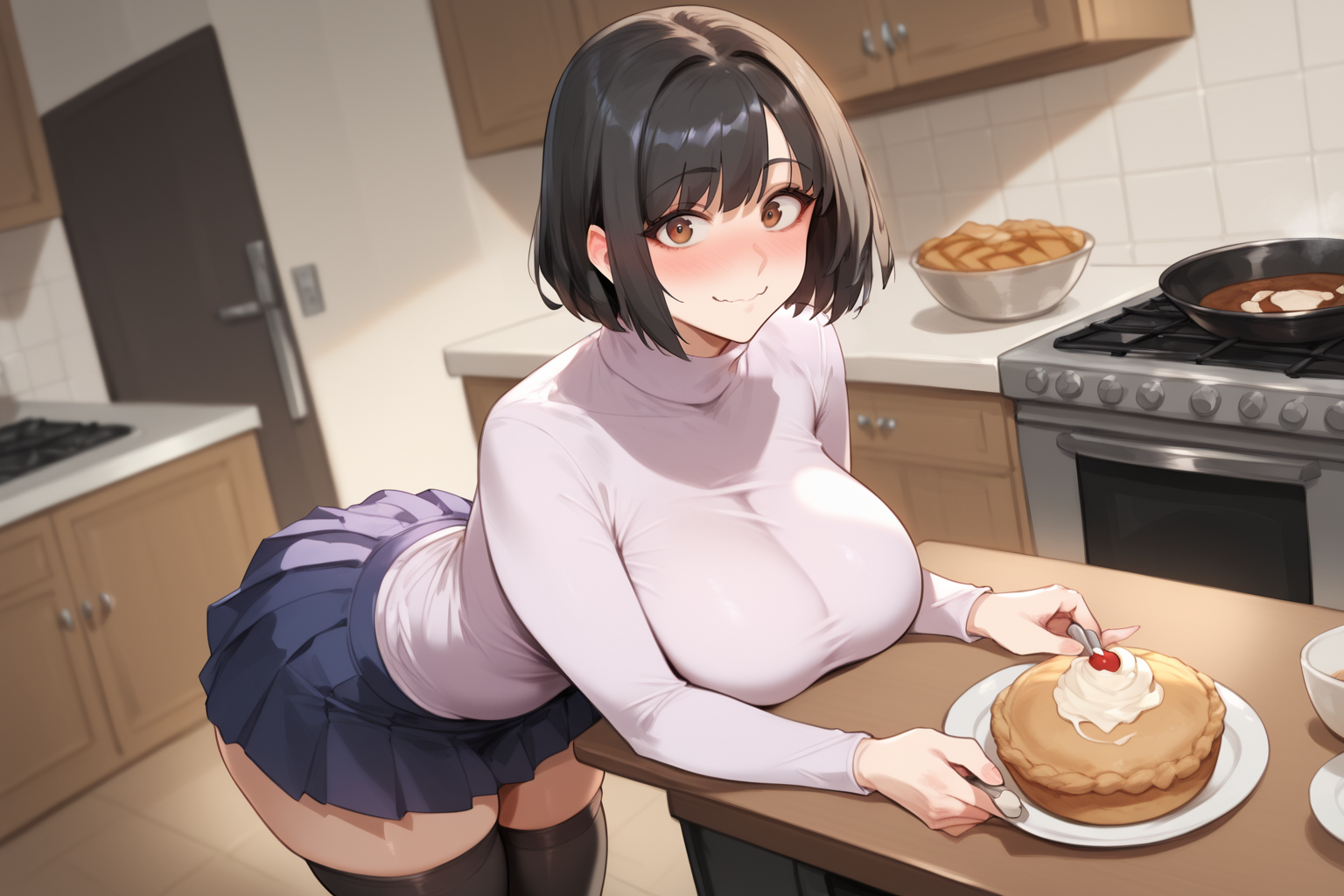 Sachiko is wearing a purple turtleneck sweater, black pleated skirt, thigh-high black stockings, and brown shoes