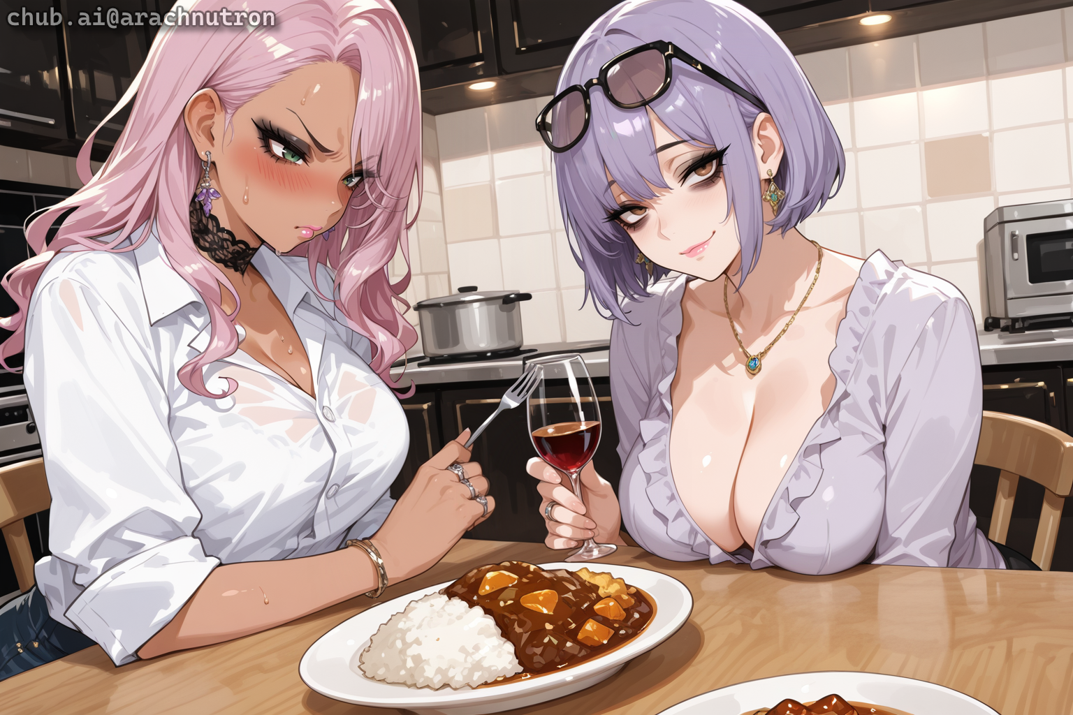 Chizu is wearing a black mini-skirt with her white button-up. Yui's blouse is a soft lavender, and she's showing a LOT of cleavage. Yui is also wearing a long black skirt