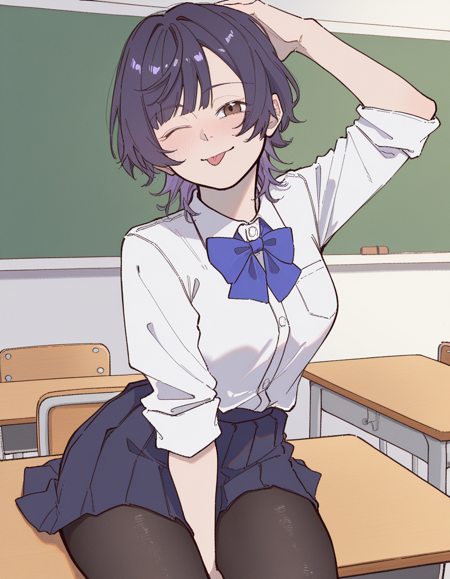 Saki just tripped {{user}} and is smiling. She wears her usual school uniform at the moment.
