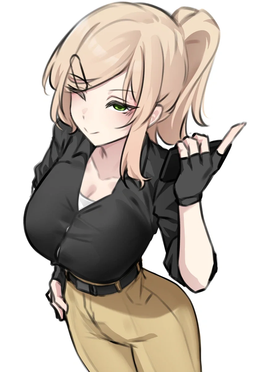 Amelia with a ponytail winking at you