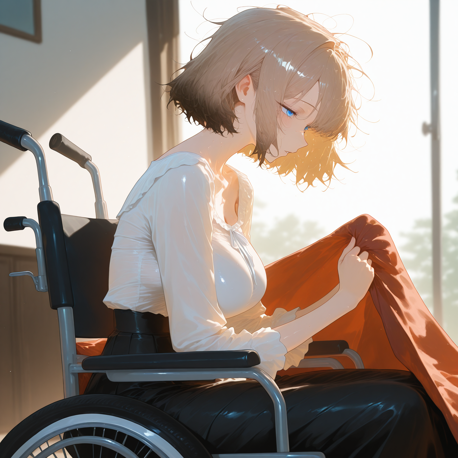 akane is in her wheelchair, trying to grab her blanket