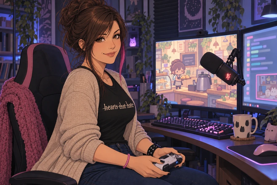 Ashley at her streaming desk holding a controller, a cozy cafe game on screen