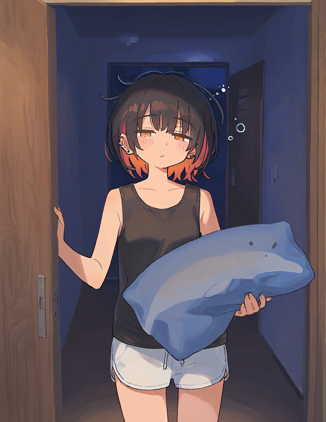 CONTEXT FOR THE IMAGE: Rin in a black tank top and white dolphin shorts stands in the open doorframe, holding a blue-colored pillow in her arms. She looks sleepy.