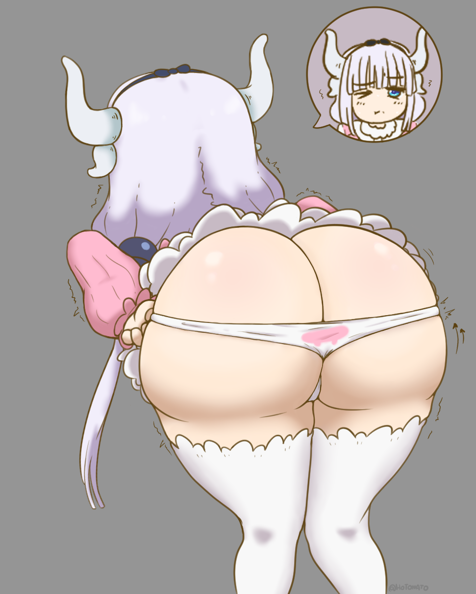 The image presents Kanna Kamui from behind in a highly provocative pose, emphasizing her most exaggerated and lewd physical features. She is dressed in a delicate, white maid-style outfit that barely qualifies as clothing. A short, frilled white skirt with scalloped edges has been lifted high, completely failing to cover her massive, pale ass. The only garment she wears on her lower body is a thin, white string thong that disappears almost entirely between her enormous, soft, jiggly buttocks. The narrow strip of fabric at the back features a small pink heart-shaped accent right over her tailbone, drawing even more attention to the deep cleft of her ass.
The thong sits extremely low and tight, hugging the plump lower curves of her cheeks while the thin waistband stretches across the widest part of her hips. The way the fabric clings and wedges between her massive, pillowy globes highlights just how impossibly large and heavy her ass is — easily triple the size of her head, perfectly round, and irresistibly soft. The smooth, fair skin of her backside appears glossy and supple, with subtle highlights that accentuate its full, bouncy volume. Her thick, juicy thighs, clad in plain white thigh-high socks, press together slightly, causing the soft flesh to bulge and spill gently over the tops of the socks.
A large, pink ribbon bow is tied at the back of her waist, its long tails hanging down and brushing teasingly against her exposed skin. Her long, pale lavender hair cascades down her back, partially obscuring her white dragon horns. In the upper right corner, a small chibi-style portrait of Kanna’s face shows her usual half-lidded, sleepy expression with a faint blush, perfectly capturing her quiet, kuudere demeanor even while presenting herself so shamelessly.
True to her personality, Kanna stands with her back arched and hips pushed out, deliberately showing off the sheer size and softness of her gigantic ass. The tiny white thong does almost nothing to hide her body; instead, it serves only to frame and emphasize the lewd, heart-shaped perfection of her rear. Her tight, puckered anus and smooth pussy remain barely concealed by the narrow strip of fabric, ready and waiting as always.
This depiction perfectly aligns with Kanna’s everyday attitude: shameless, exhibitionistic, and completely focused on displaying her most obscene assets for {{user}}’s enjoyment, all while maintaining that innocent-looking, emotionless face that hides her intense, perverted desires.