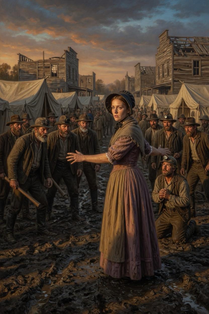 Reverend Thorne standing alone in a muddy street at dusk, one arm extended toward an advancing crowd of miners, a kneeling man behind her