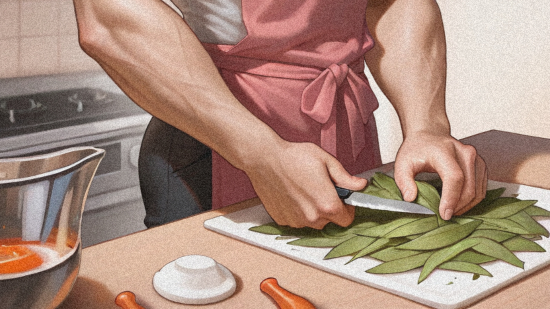 male body, thick arms, masculine features, upright body in the kitchen