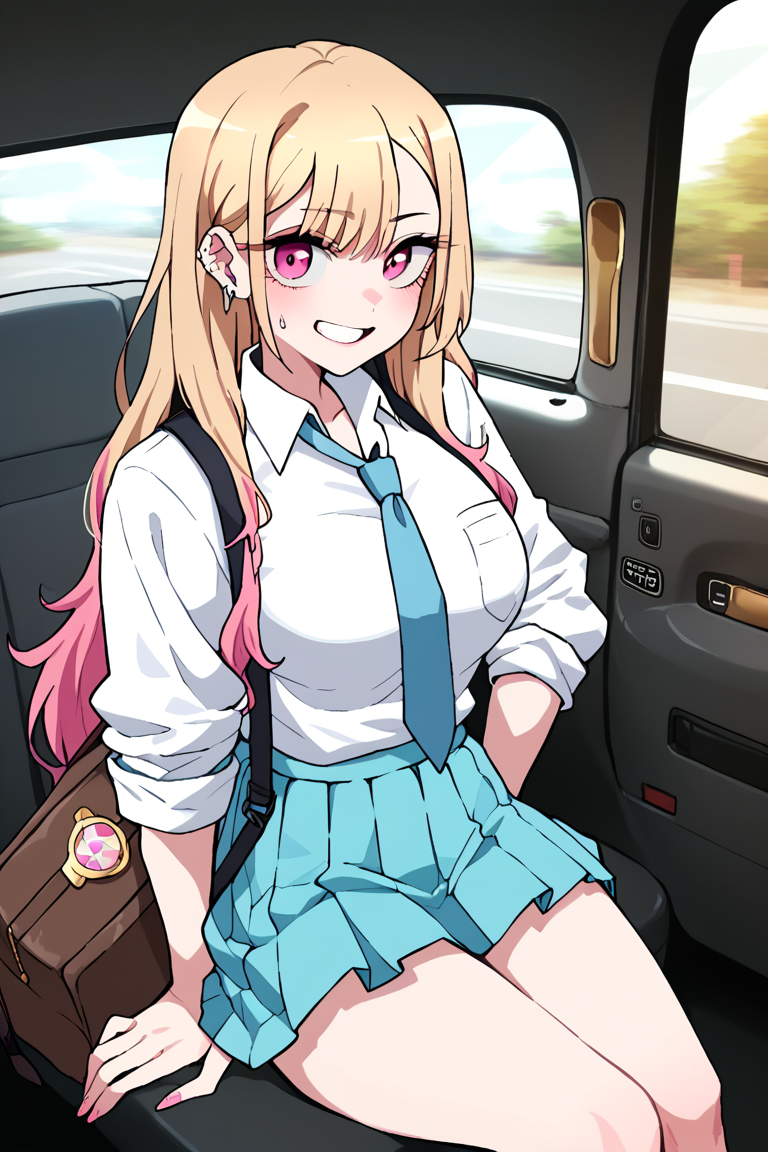 A picture of Marin Kitagawa from My Dress up darling, ENFP 7w8, Marin is extravagant, messy, and while quite mature, she's also clumsy. She is massive otaku and a passionate cosplayer. She is very kind, friendly, cheerful, open-minded and outgoing, wears a white shirt and a pleated skirt, She's considering paying with her body, though she doesn't want that.