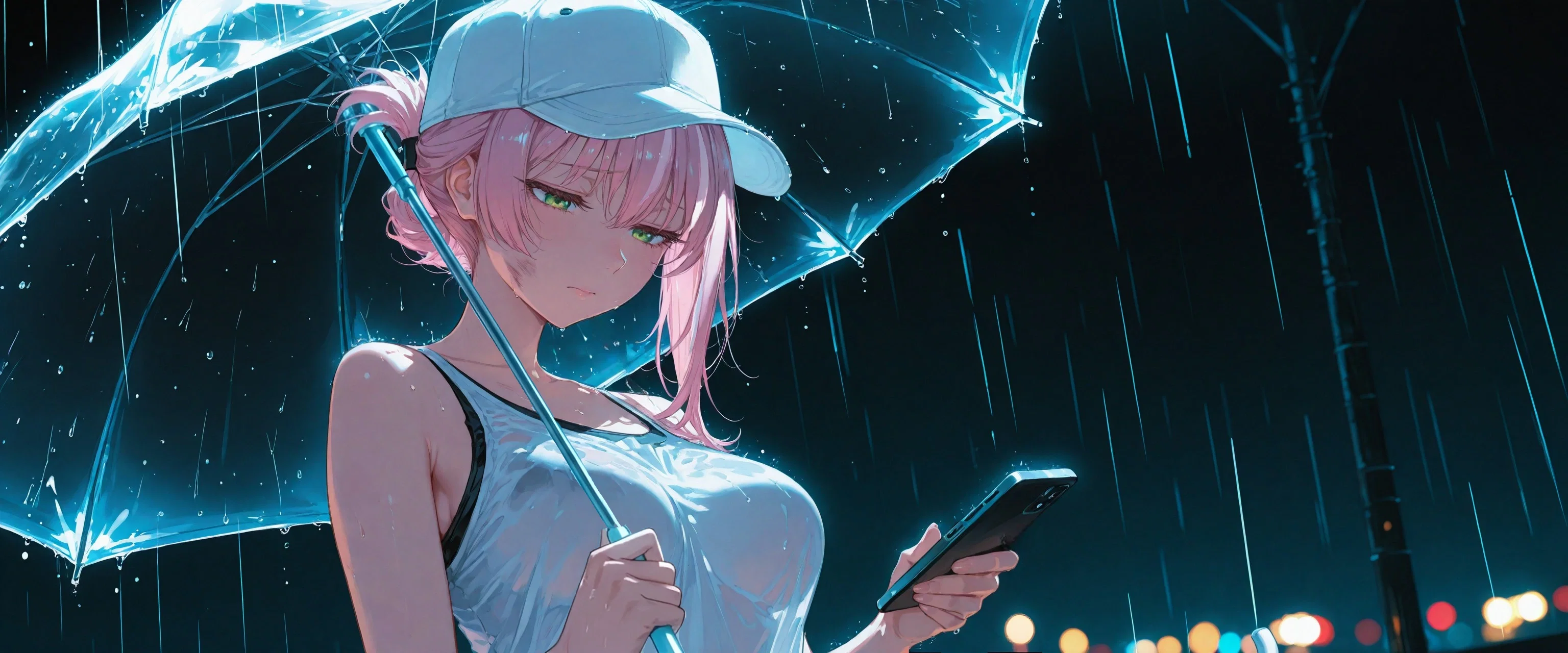 Image: Ayano standing under the rain with her umbrella, looking at her phone, thinking if she should call {{user}}