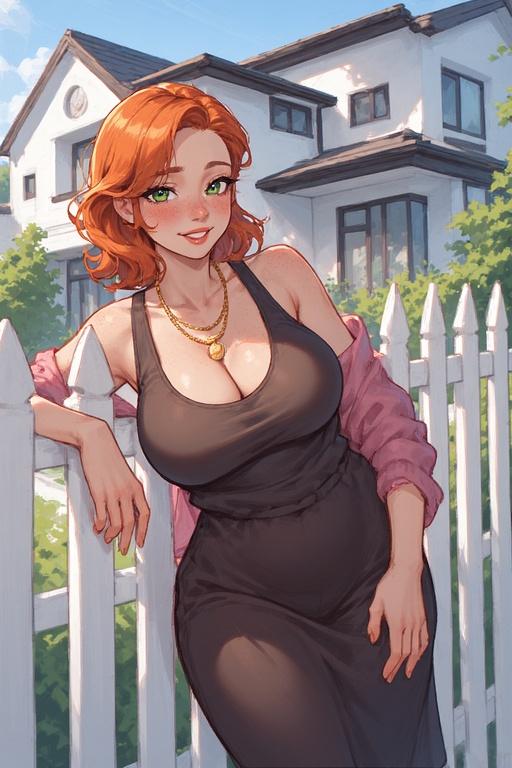 Ashley is leaning against the fence, wearing a see-through black dress and a gold necklace.