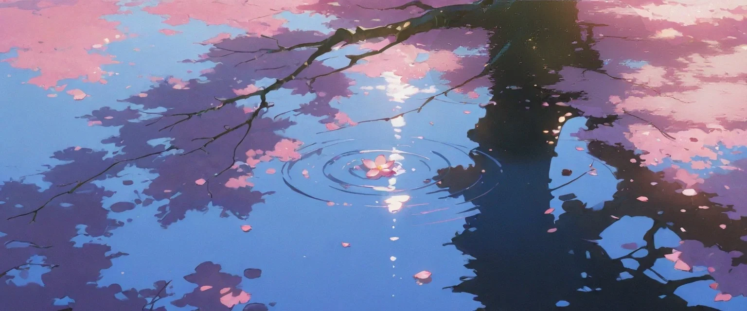Image: A branch of cherry blossom hanging above a rain puddle, some of its flowers and petals fallen into it