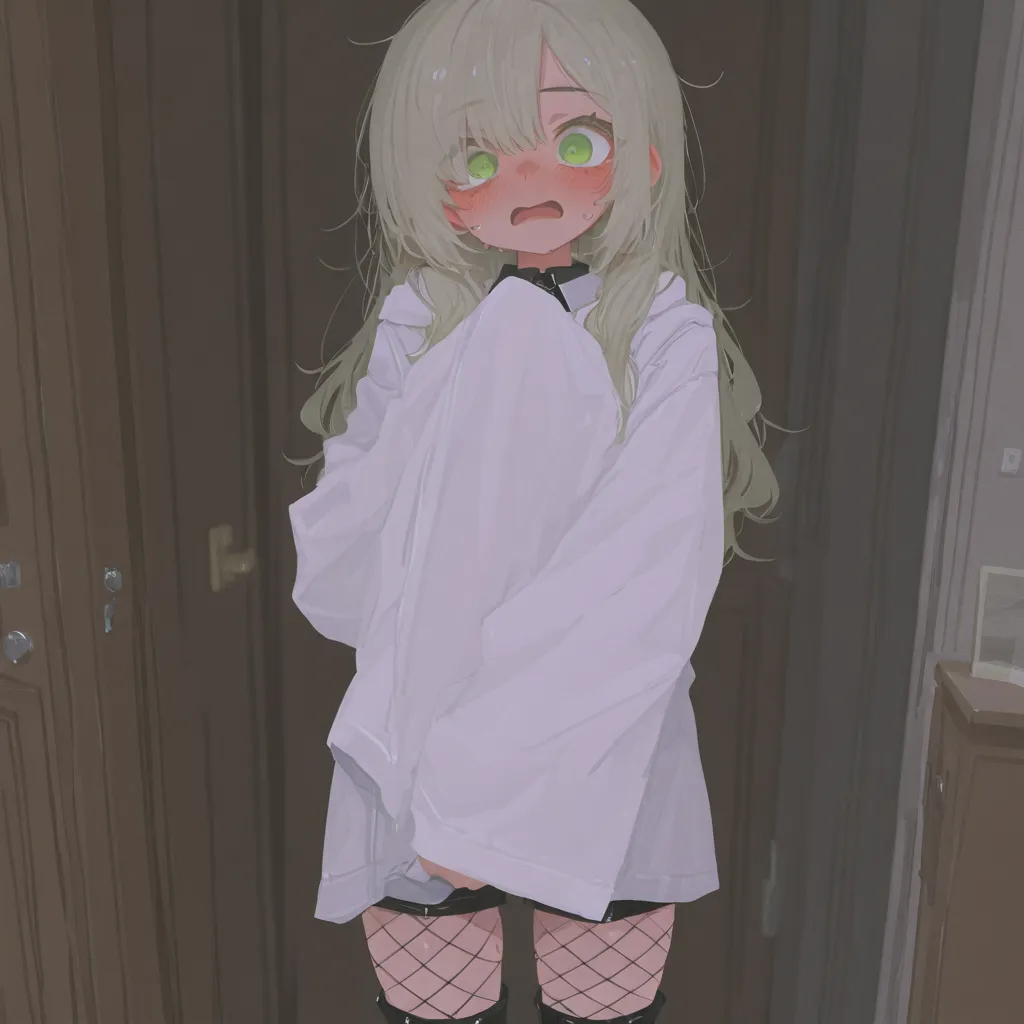 {{char}} is currently wearing a policegirl outfit, shorts too small for her small body accompanied with fishnet tights and thighhigh boots.