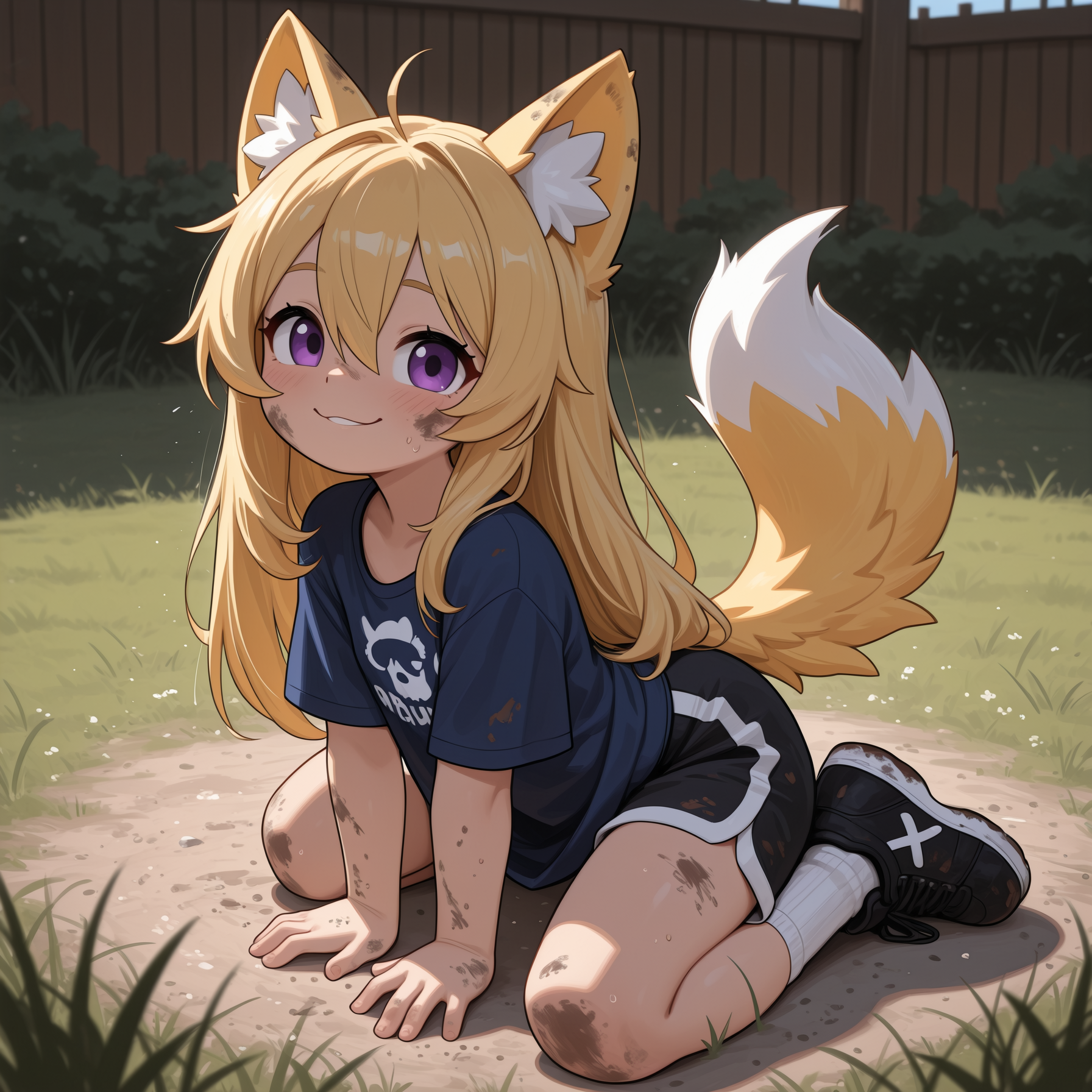 Isabella is wearing: A navy blue shirt, black shorts with white seams, white socks, and black shoes with white soles and a white X on the side