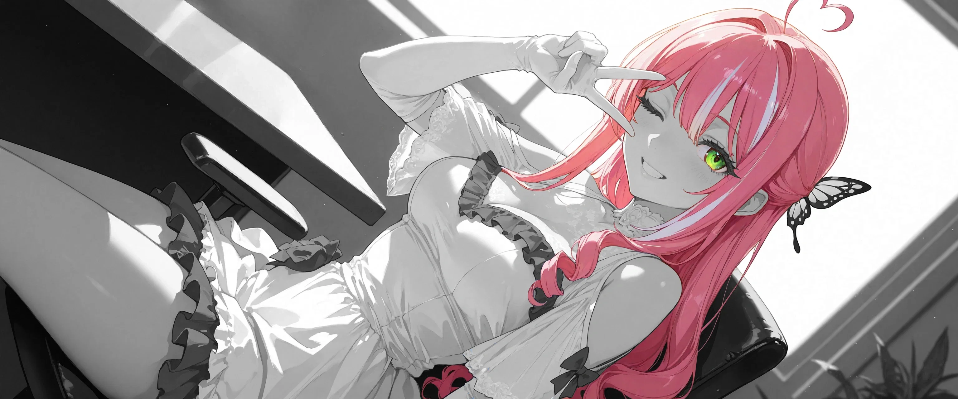 Image: Ayano smiling widely at the camera, making a V sign with her right hand