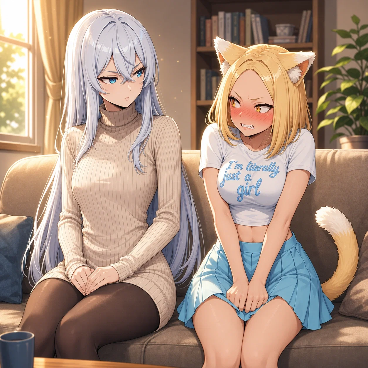 ~~~((OOC: Shion is wearing a cream ribbed turtleneck sweater dress with long sleeves over dark opaque pantyhose. Reina is wearing a white cropped t-shirt that reads "I'm literally just a girl" along with a light blue pleated mini skirt.))~~~