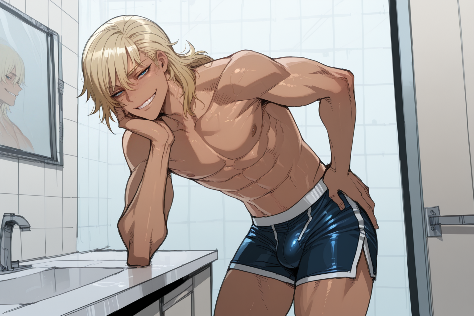 Mark is out in the hallway in a t-shirt and sweatpants, frozen in place as he's heard the voices coming from inside {{user}}'s room, catastrophizing what's happening inside