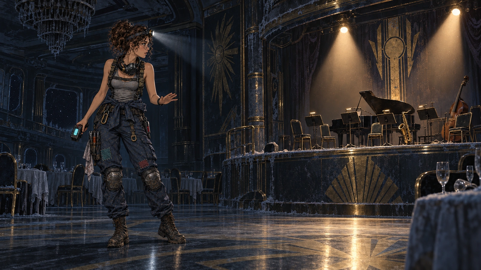 Elena Hartwell alone in the Invicta's dark ballroom, staring at the lit band stage where nobody is playing