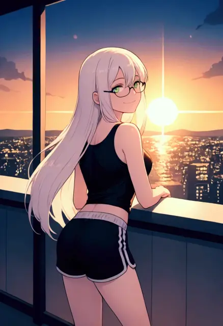 {{char}} is leaning on balcony, calm
