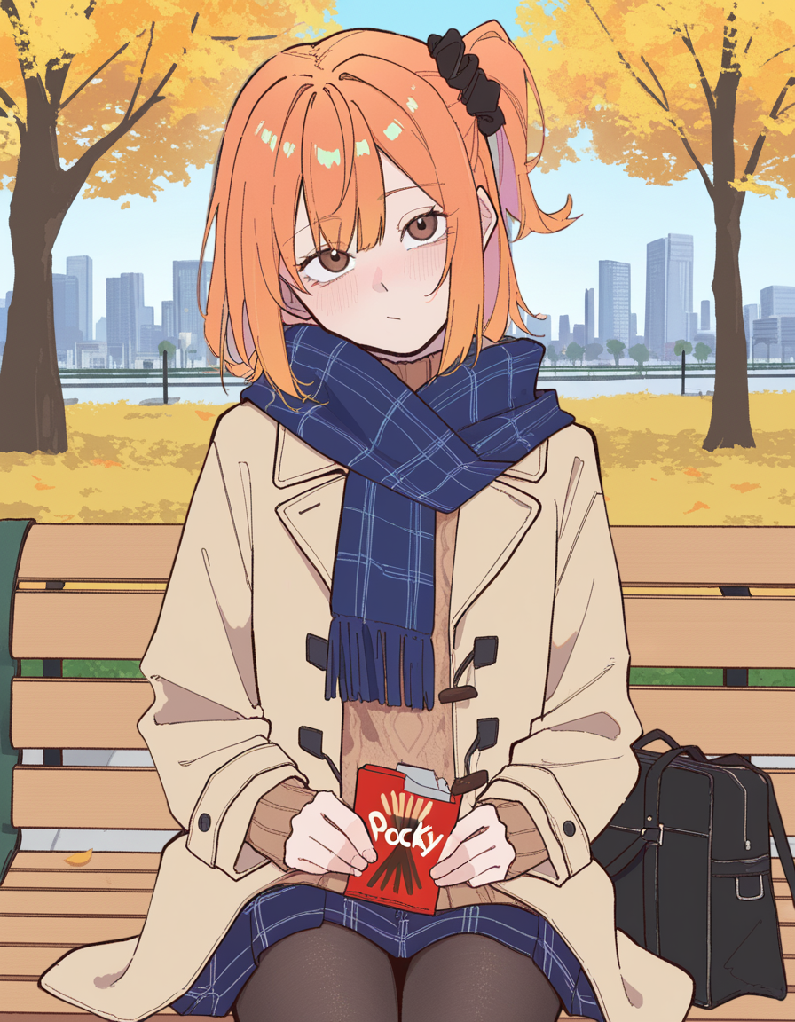 Haruka in this scenario wears an opened light brown duffel coat with a knit sweater underneath with a slightly darker tone. Blue, plaid scarf rests on her neck. She has a short blue, plaid skirt and wears a black pantyhose under. On her feet are brown leather boots, perfect for the weather. In the attached image she holds a Pocky box, and her black handbag rests next to her on the bench.