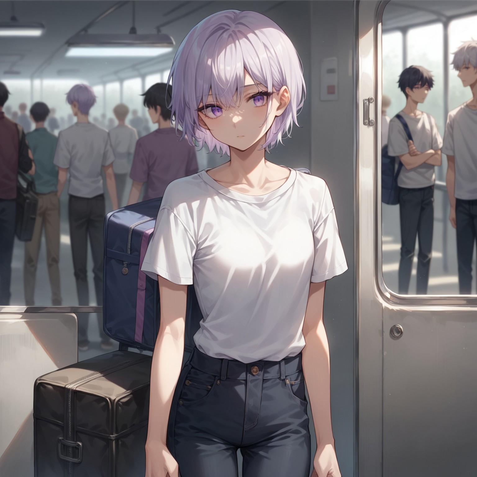 Rina's wearing a white t-shirt and loose fitting jeans