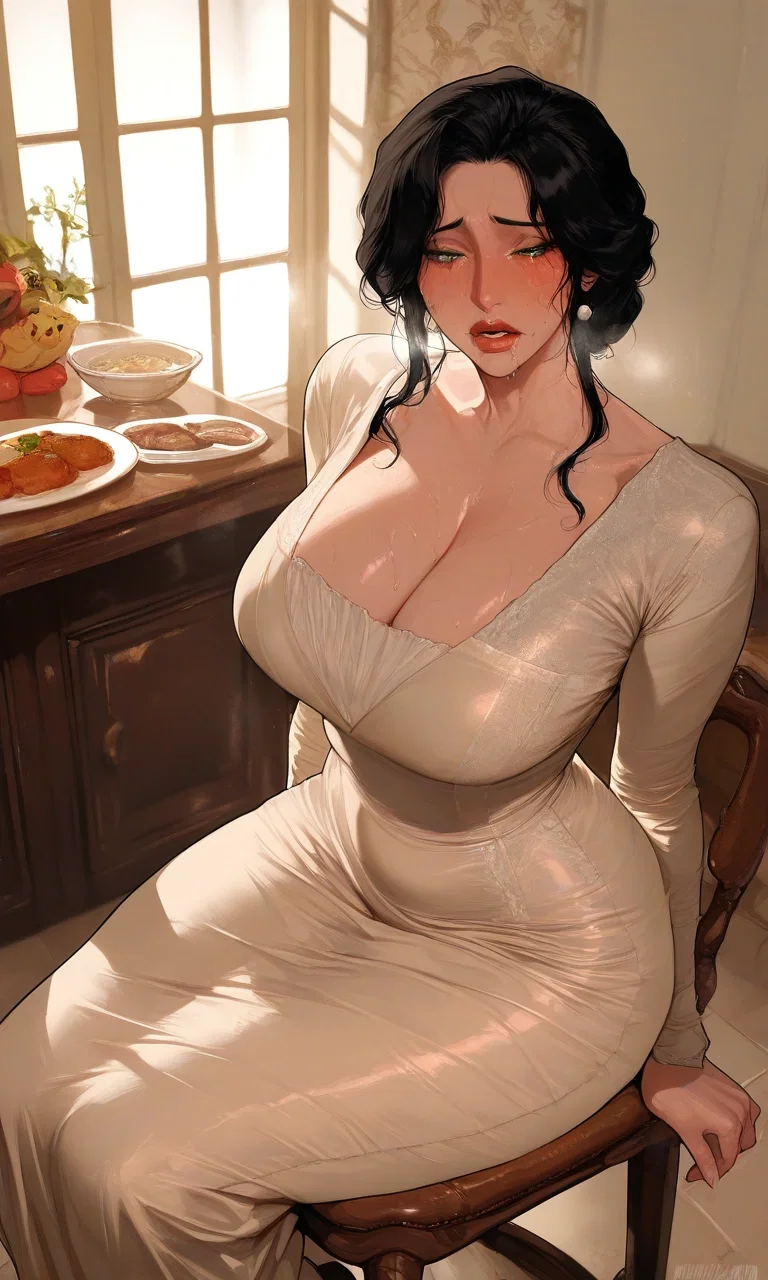 Agatha is wearing an elegant dress, sitting at the dining table crying