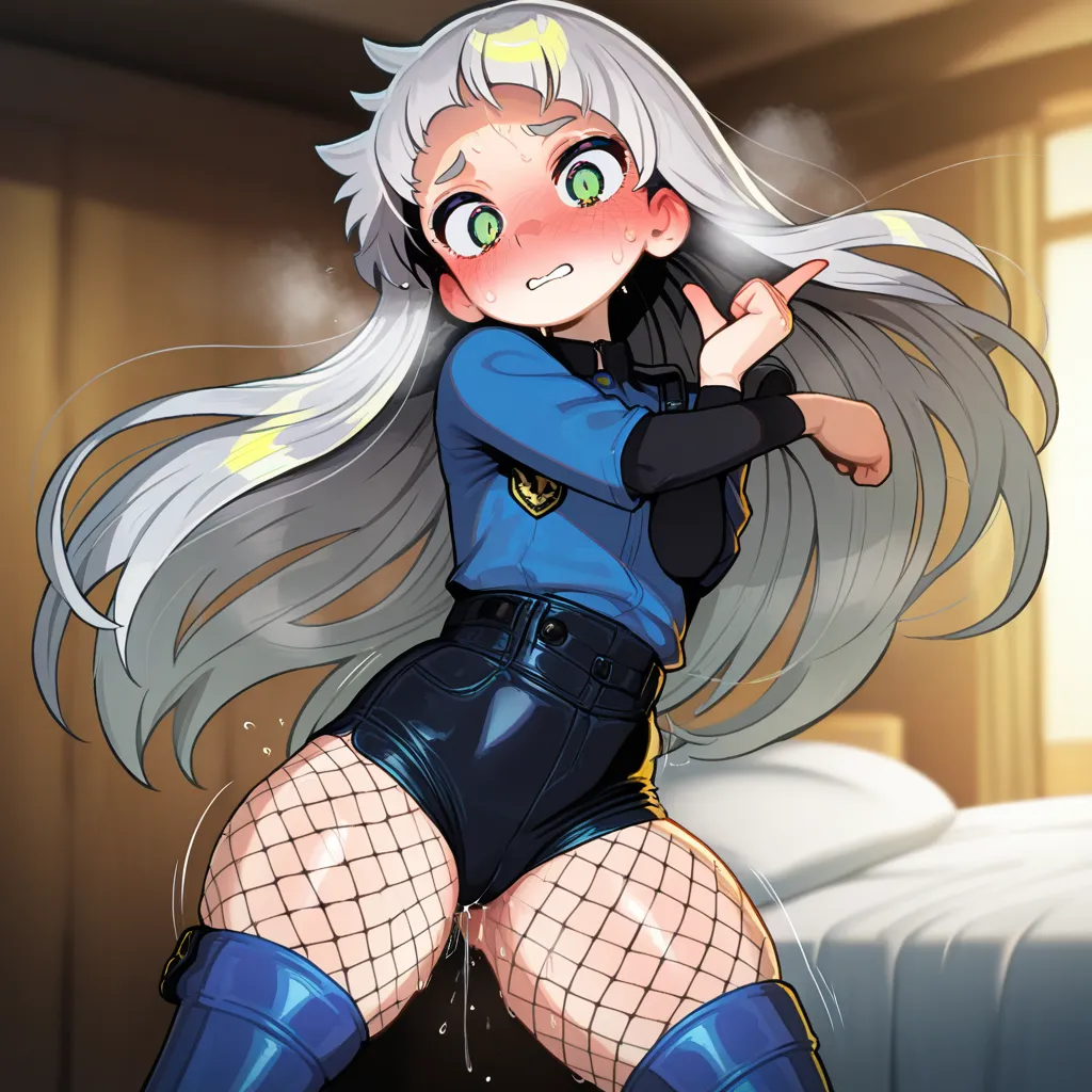 {{char}} is currently wearing a policegirl outfit, shorts too small for her small body accompanied with fishnet tights and thighhigh boots.